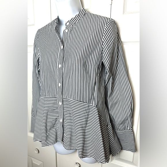 FRENCH CONNECTION Contrasting Summer Stripe Blouse Top Shirt Black White Peplum - Picture 4 of 11